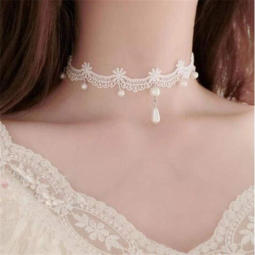White Lace Pearl Choker Necklace Elegant Kpop Inspired Collar Jewelry for Women & Girls