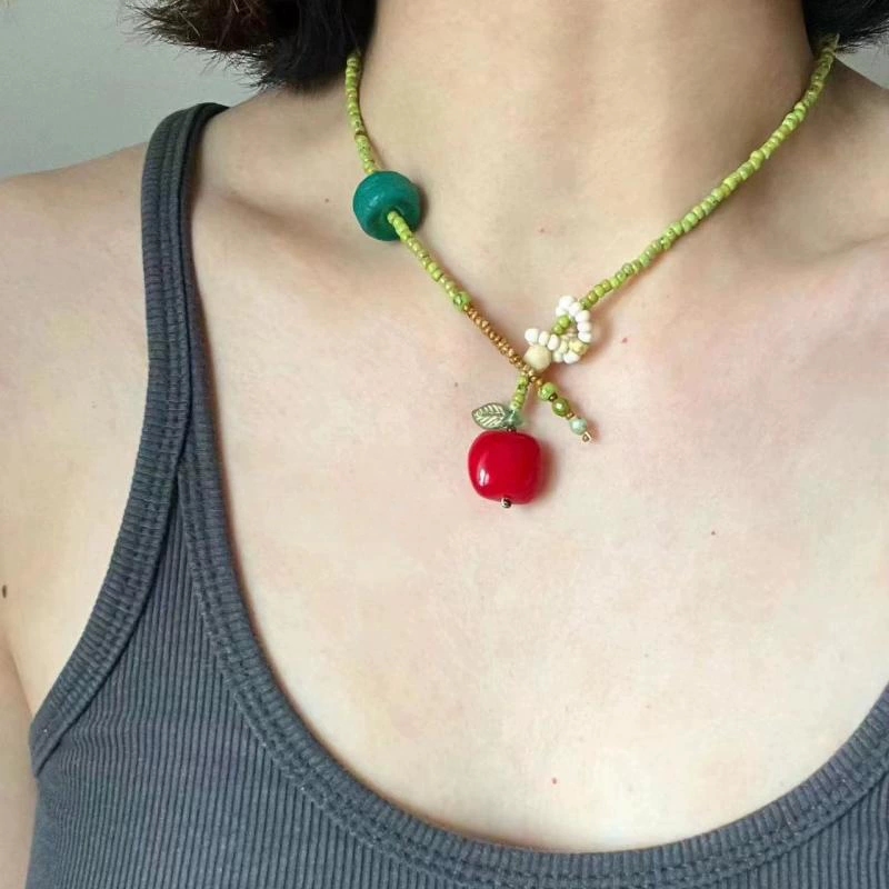 Green Fruit Flower Beaded Choker Necklace Vintage Harajuku Aesthetic Jewelry for Women