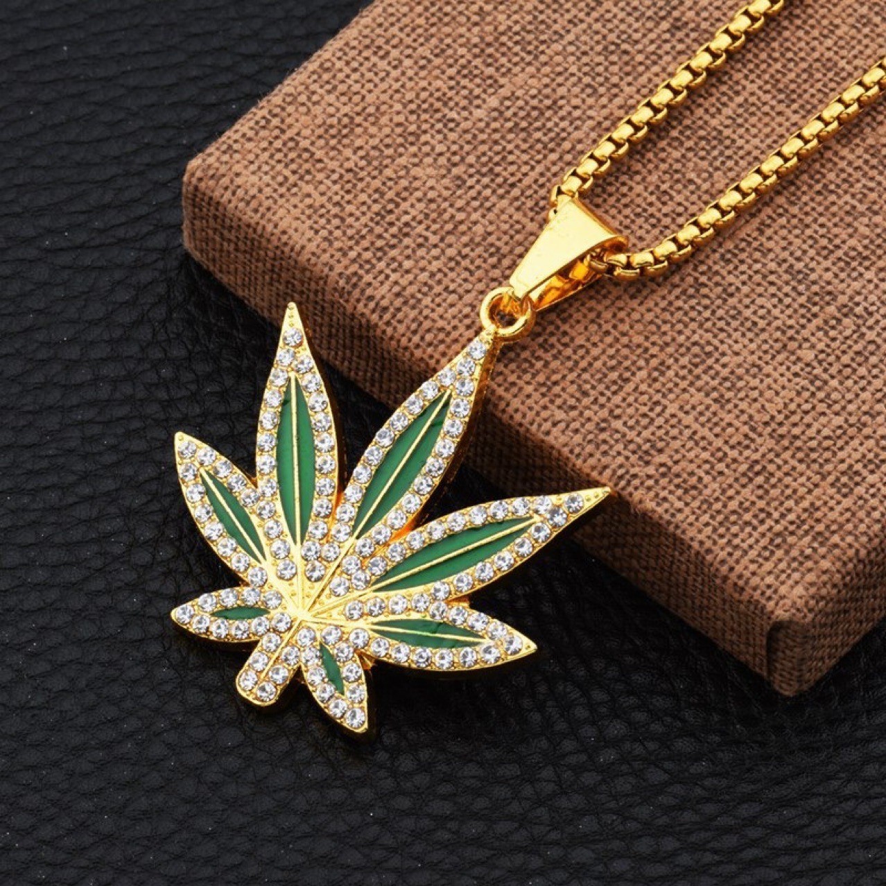 Green Maple Leaf Pendant Necklace with Zircon Drip Glaze Box Chain for Men & Women