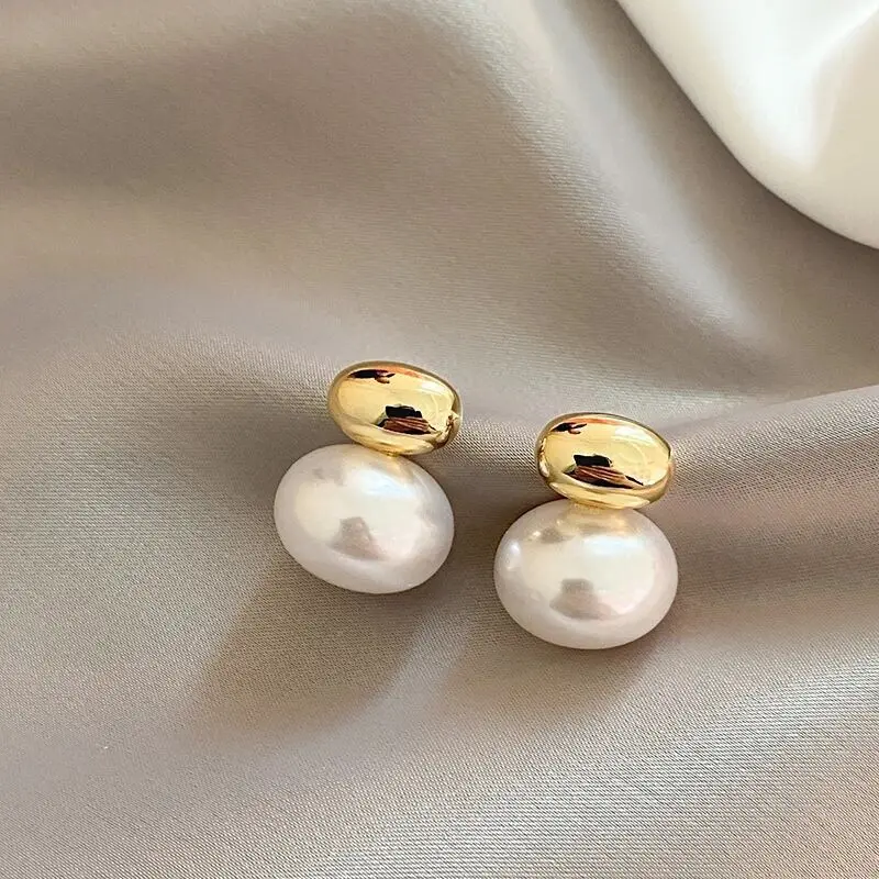 French Gold Pearl Earrings Elegant Flat Pearl Statement Earrings for Women