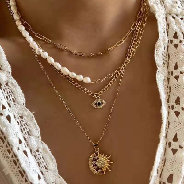 Evil Eye Necklace Layered Crystal Lucky Charm Boho Pendant Necklace for Women