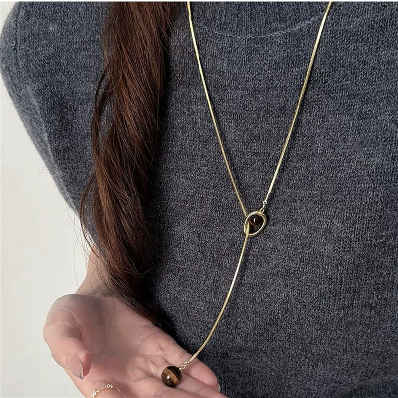 Vintage Tiger Eye Stone Necklace Minimalist Gold Snake Chain Necklace Long Sweater Pendant for Women