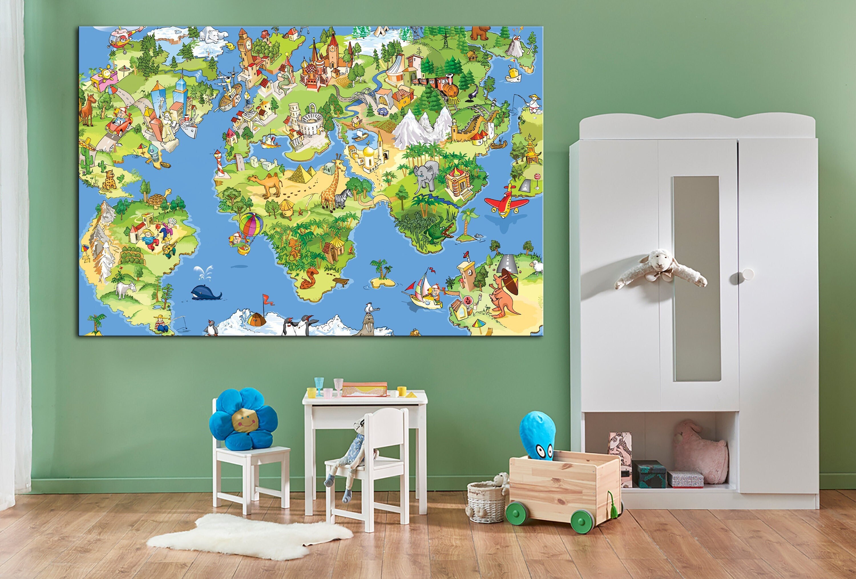 Animal world Map canvas wall art Kids world Map Printable wa | Inspire ...