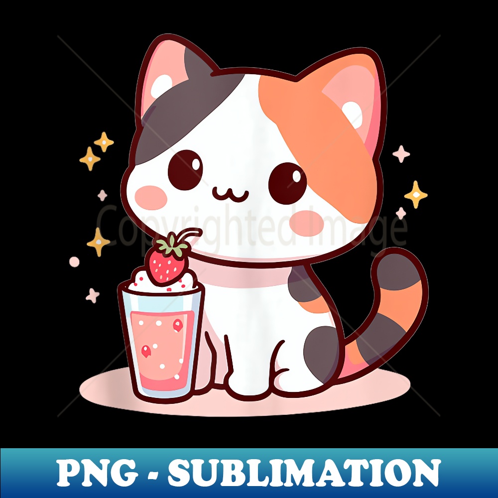 Cute Kawaii Style Calico Cat Drinking Strawberry Milk - Prem