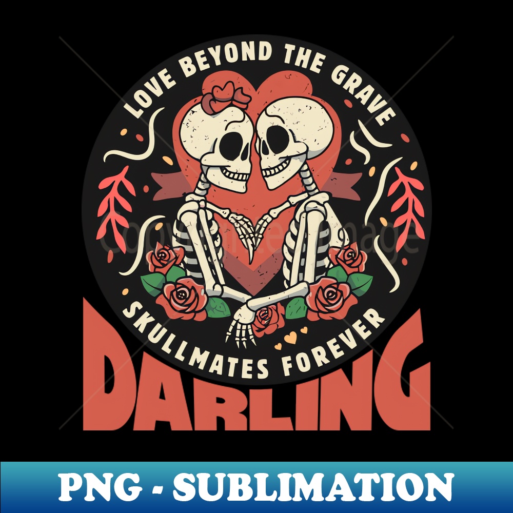 A gothic-style illustration of two skeletal figures embracing, symbolizing eternal love beyond death