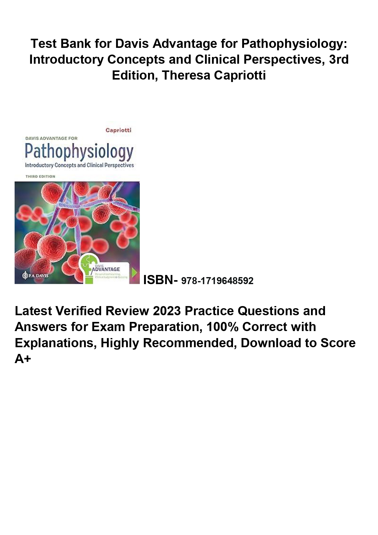 Test Bank for Davis Advantage for Pathophysiology Introducto Inspire