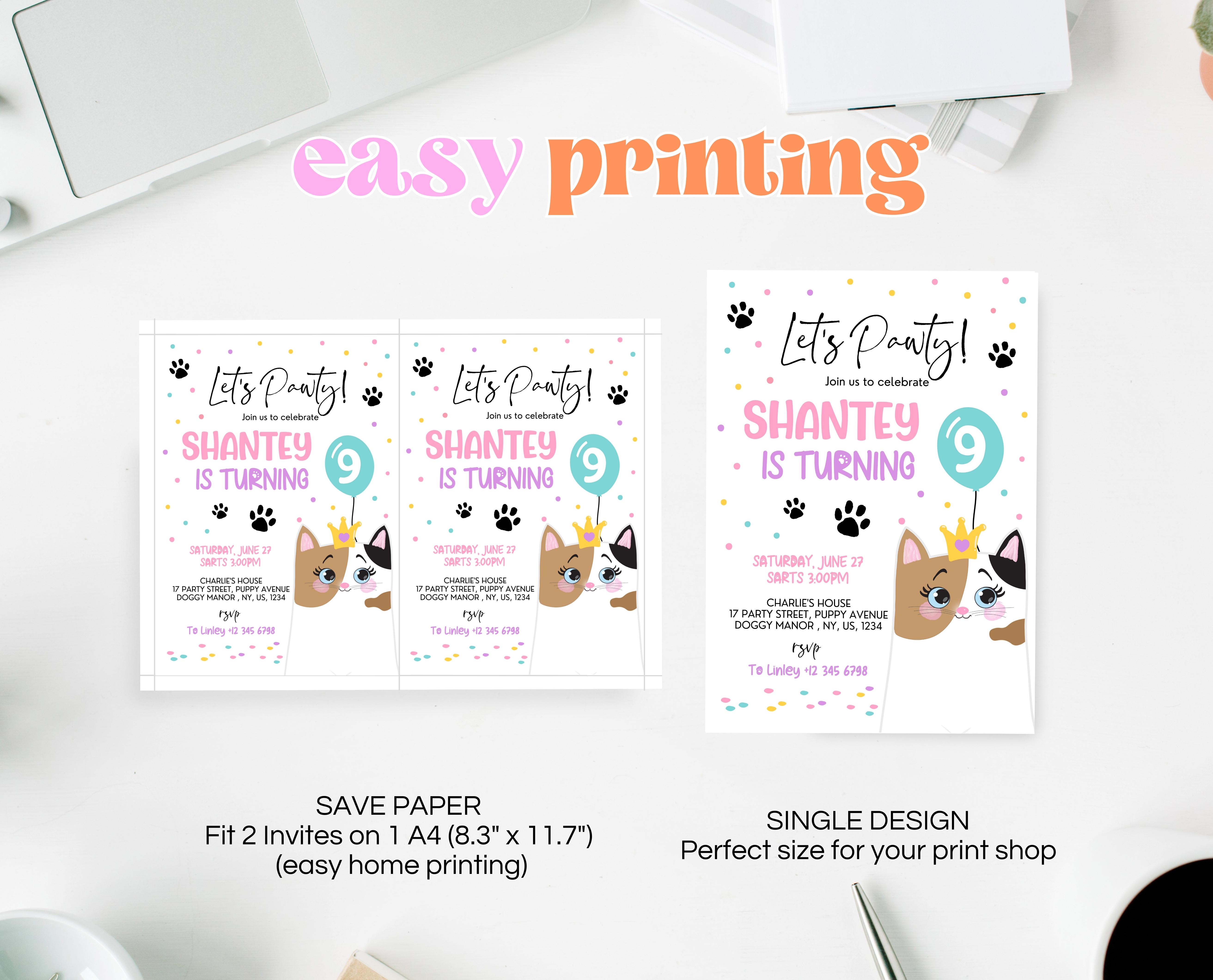 shantey Cat Birthday Invitation Editable, Cat Birthday Invite, Kitte | Inspire  Uplift