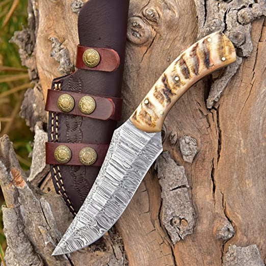 Premium Custom Damascus Hunting Knife with Sheep Horn Handle
