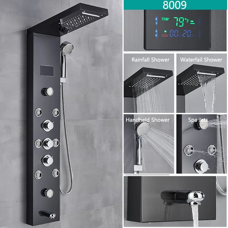 LED Light Bathroom Shower Faucet Set, Rainfall Panel System with Digital Temperature Display, Massage SPA Jets, and Bat