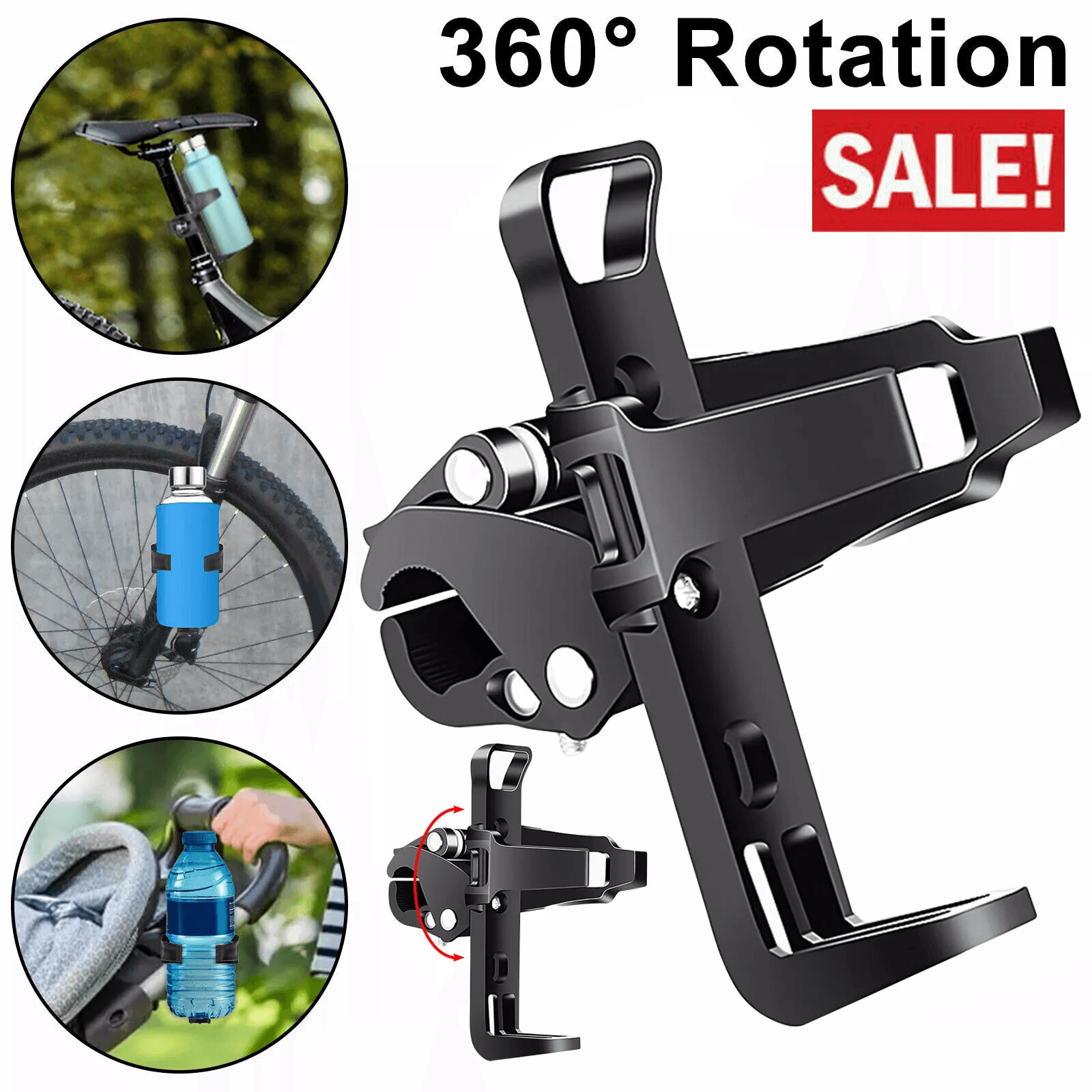 Bexcost 360° Rotating Bike Cup Holder - Handlebar Water Bottle Cage, 1L, Black