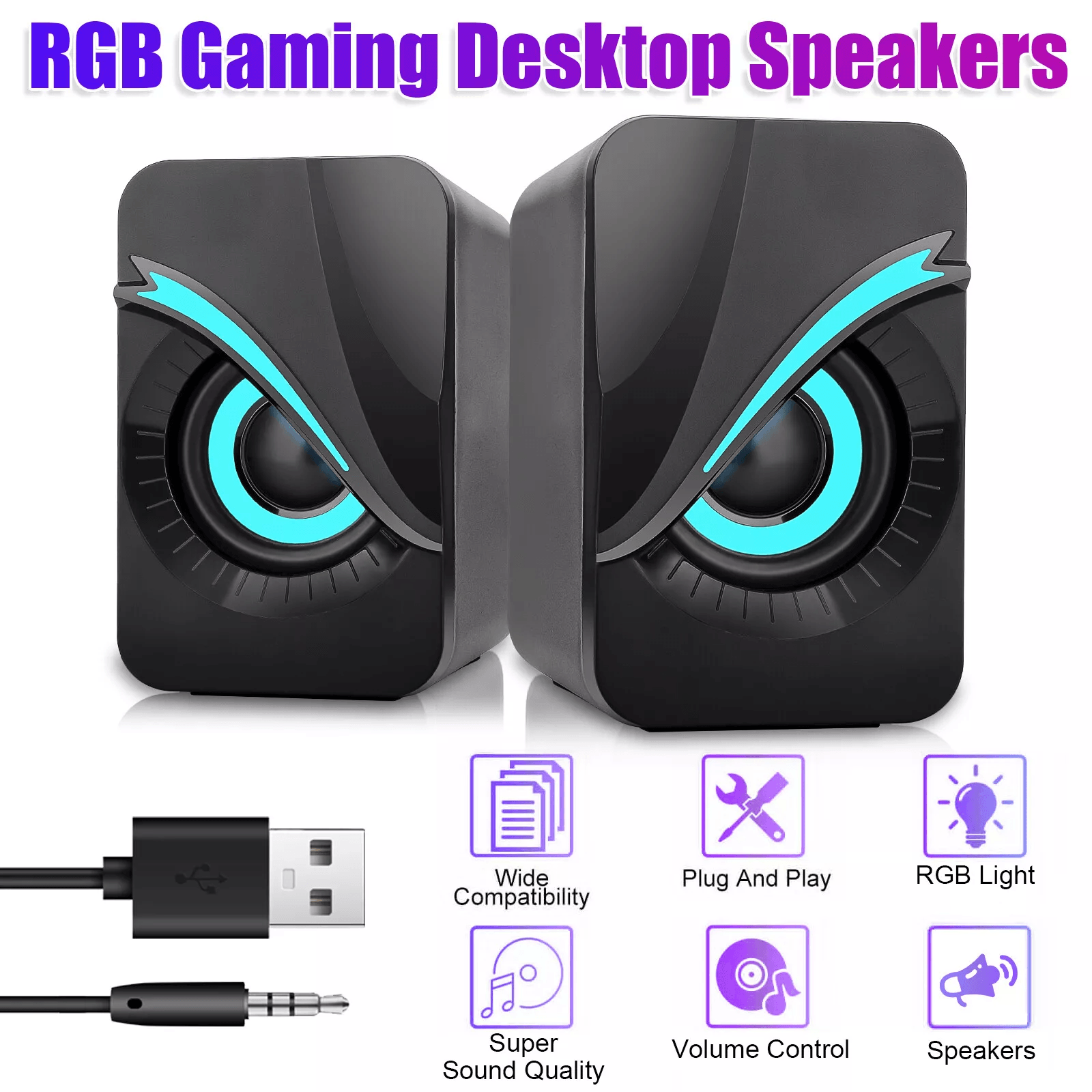 RGB LED Stereo Bass Sound Computer Speakers System USB Wired for Desktop PC Laptop