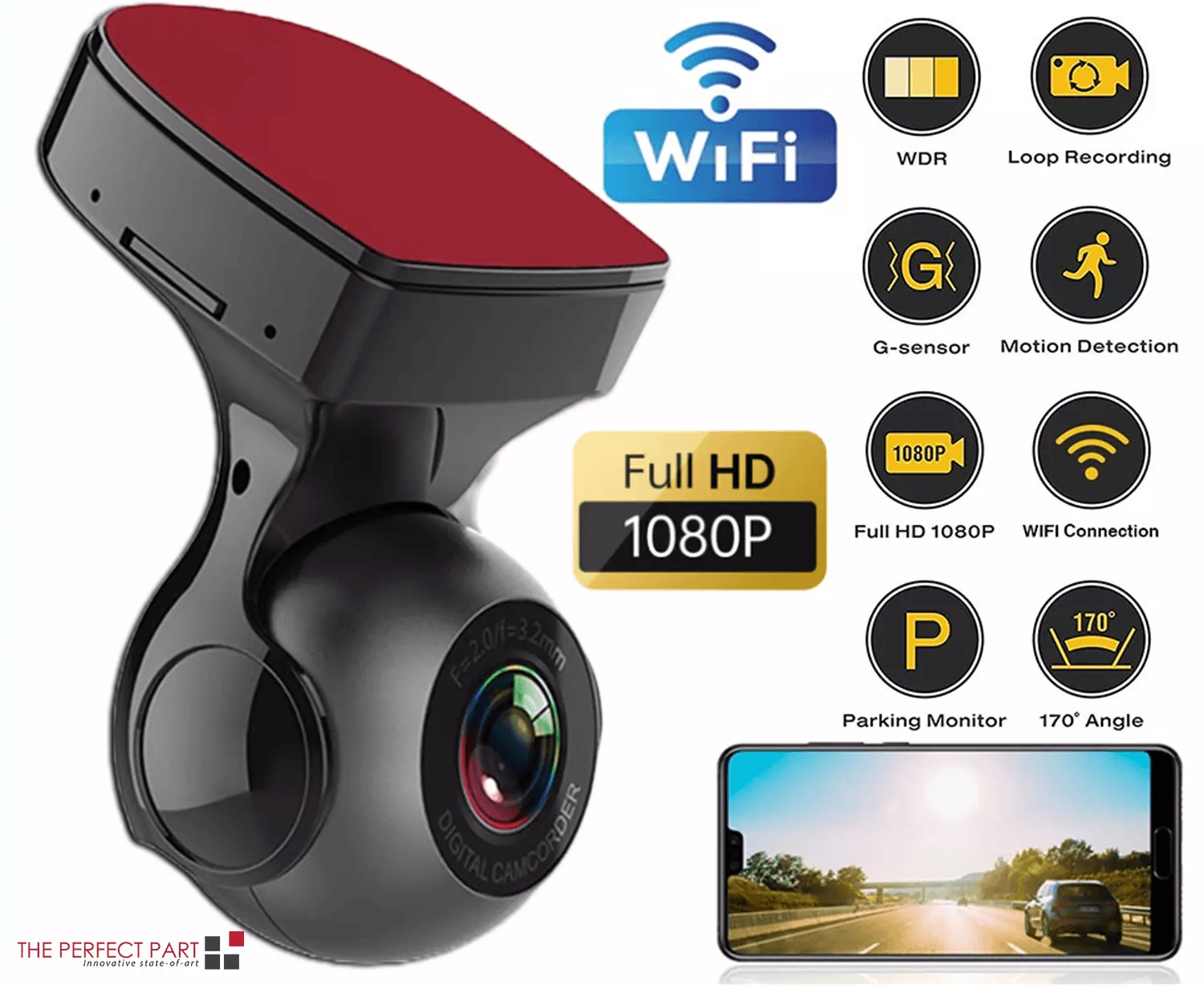 WiFi Dash Cam Recorder Car Camera HD DVR with G-Sensor, Night Vision Vehicle Video Recorder for Cars, Trucks, SUVs