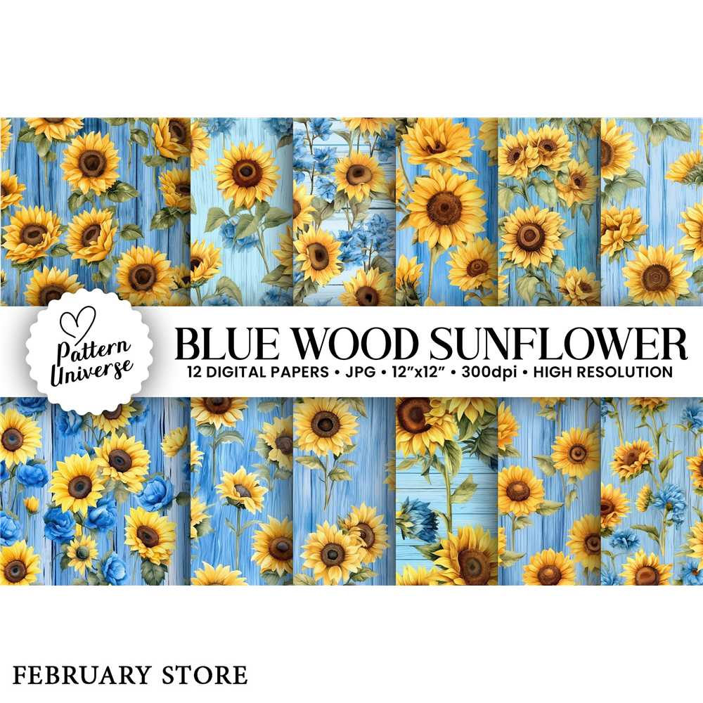 Blue Wooden Sunflowers Digital Papers - Inspire Uplift