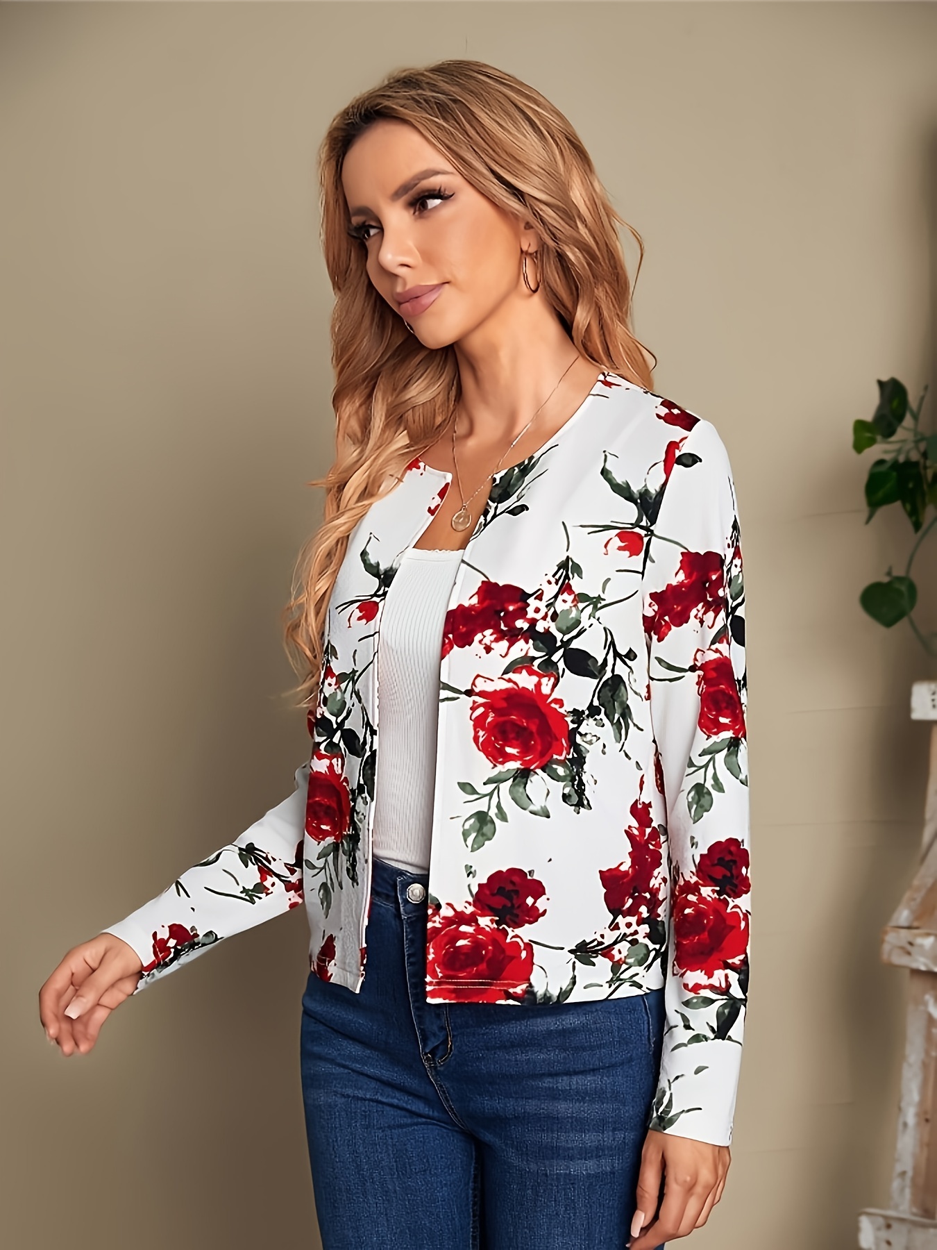 Open Jacket Floral Print Open Front Jacket - Casual Long Sleeve Jacket F | Inspire ...