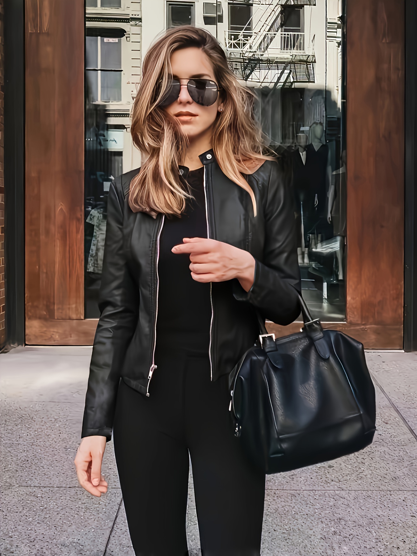 Solid Faux Leather Zip Up Juacket - Casual Long Sleeve Outwe