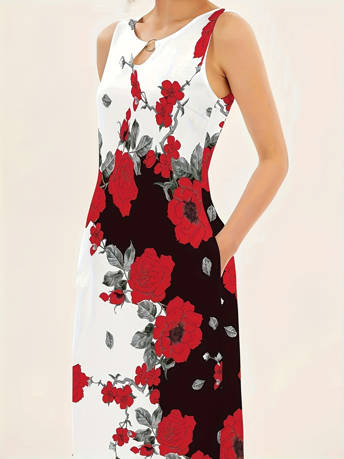 Floral Print Pocket Dress – Casual Pocket Waist Summer Swing Long Dresses – Women’s Clothing