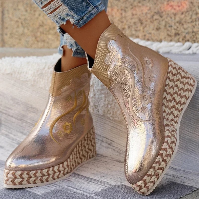 Women Fashion Leather boots – Ladies Round Toe Autumn Winter Warm Shoes Vintage – Diamond Chelsea Wedges Ankle Boots