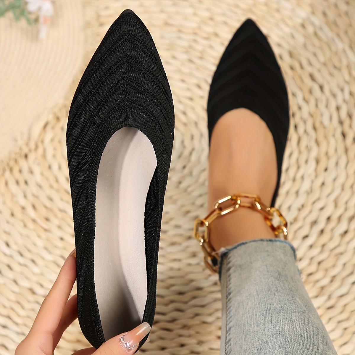 Women's Pointed Toe Flat Shoes - Solid Color Knitted Slip On Shoes - Casual Breathable Ballet Flats