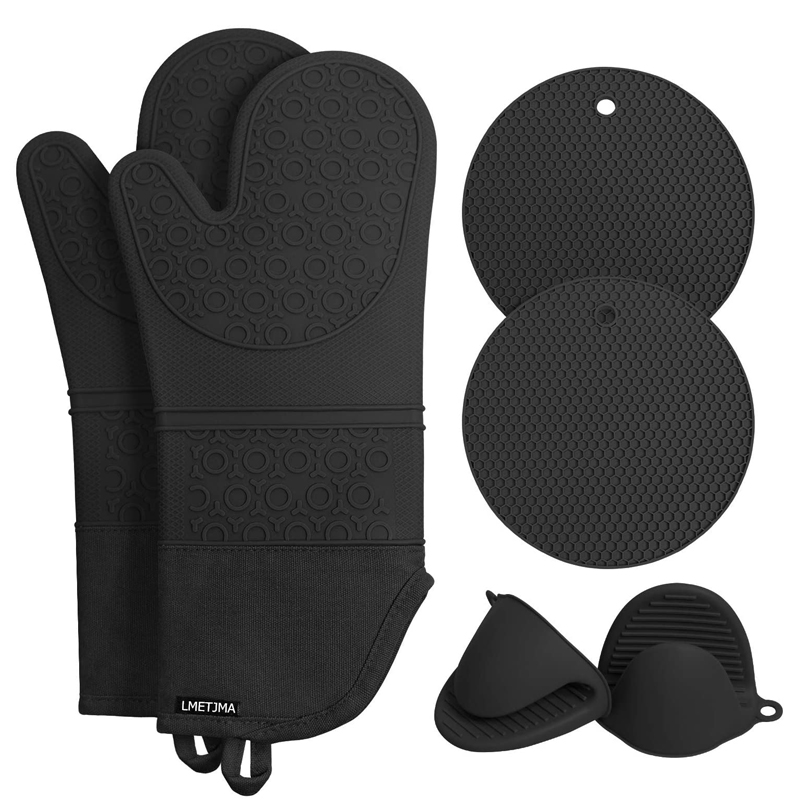 6Pcs Extra Long Heat Resistant Silicone Cooking Gloves, Oven Mitts and Pot Holders Sets for Baking, BBQ & Kitchen Safety