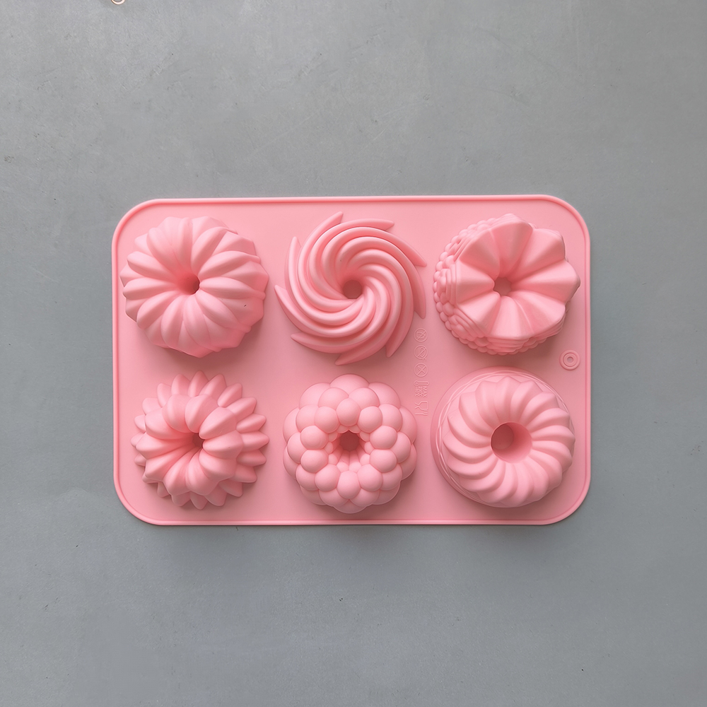 6-Cavity Silicone Donut Baking Molds, Multicolor Doughnut Pans with Flower & Swirl Shaped Designs for Easy Baking