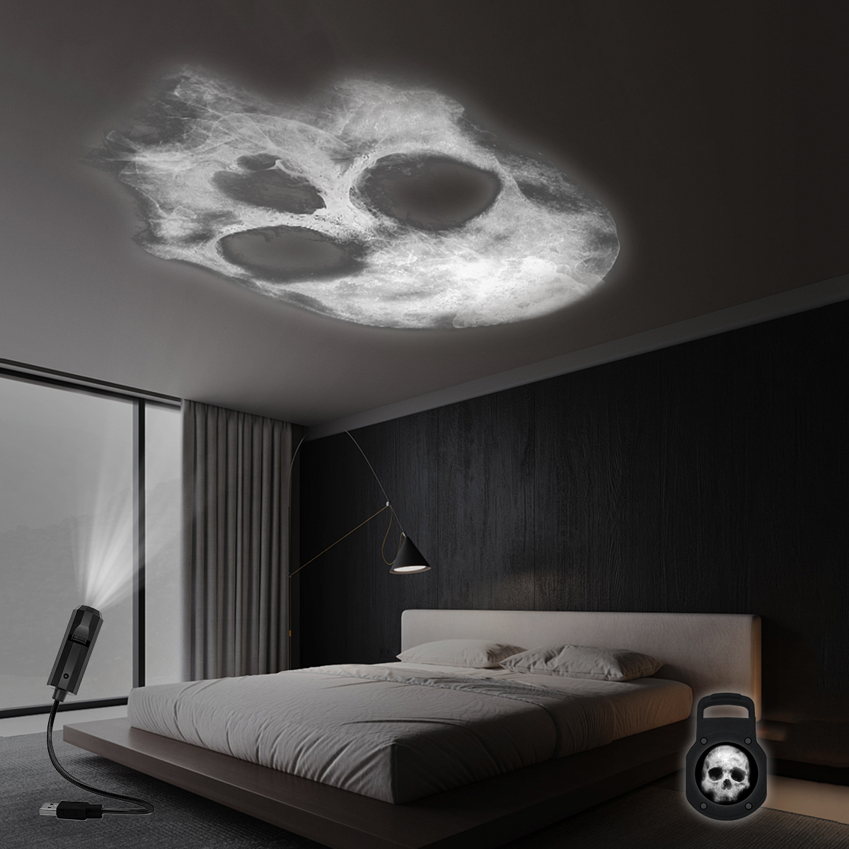 3D Skull Projection Lamp, USB Powered LED Night Light with Holographic Effect for Halloween, Room Decor, and Party
