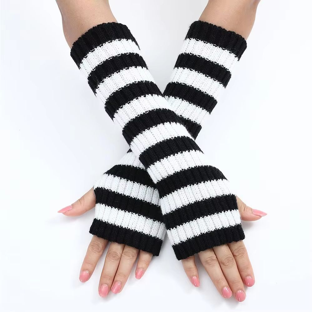 Women's Knitted Fingerless Arm Sleeves, Gothic Style Striped Winter Long Arm Warmers for Girls, Harajuku Y2K Fashion