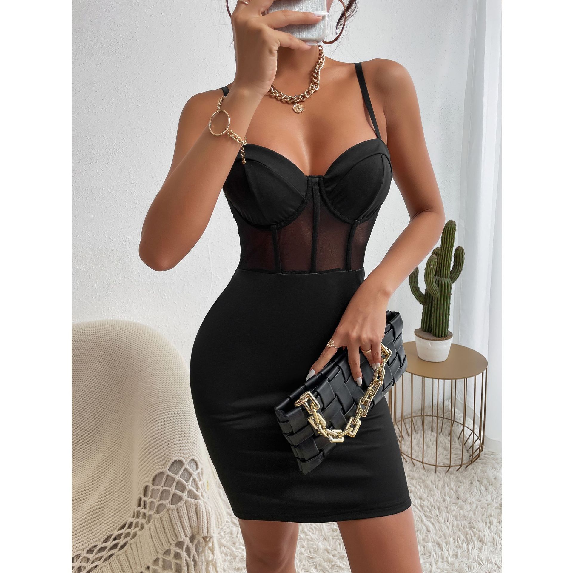 Y2K Sexy Club Party Dress, Women’s Hollowing Mesh See-Through Slim Nightclub Wear with Fishbone Halter, Sheer Hip Skirt