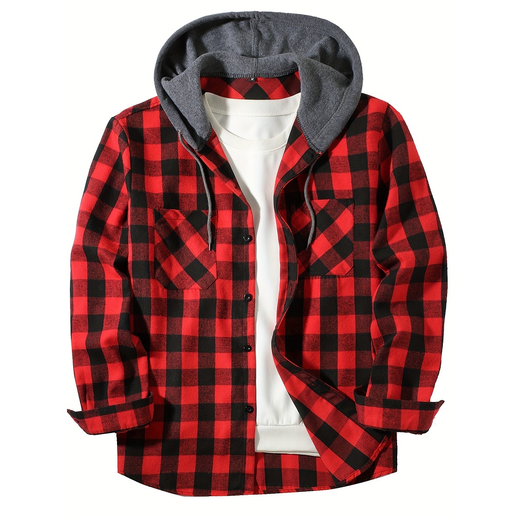 Classic Plaid Shirt for Men, Hooded Flannel Jacket, Casual Button Down with Long Sleeves and Double Pocket Spring Autumn