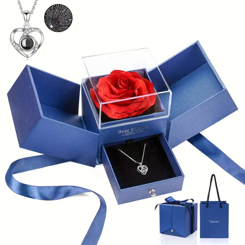 Women With I Love You Necklace In 100 Languages, Rose Gifts For Mom Her Girlfriend , Unforgettable Valentine's Day Gift