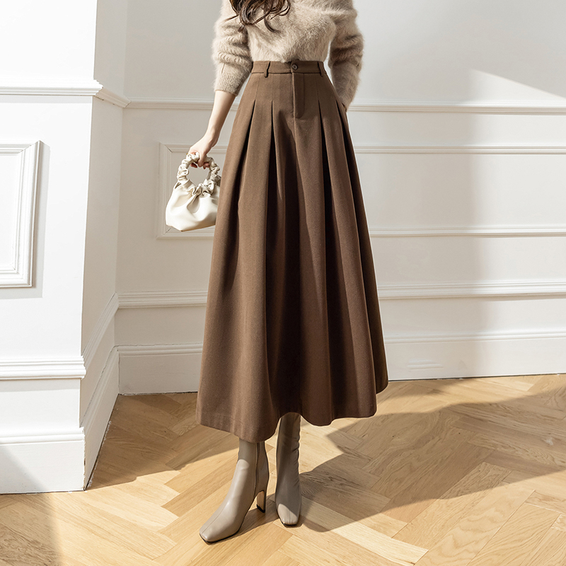 Vintage Winter Woolen Long Skirts for Women, High Waist Pleated Maxi A-Line Skirt, Big Swing Folds Streetwear