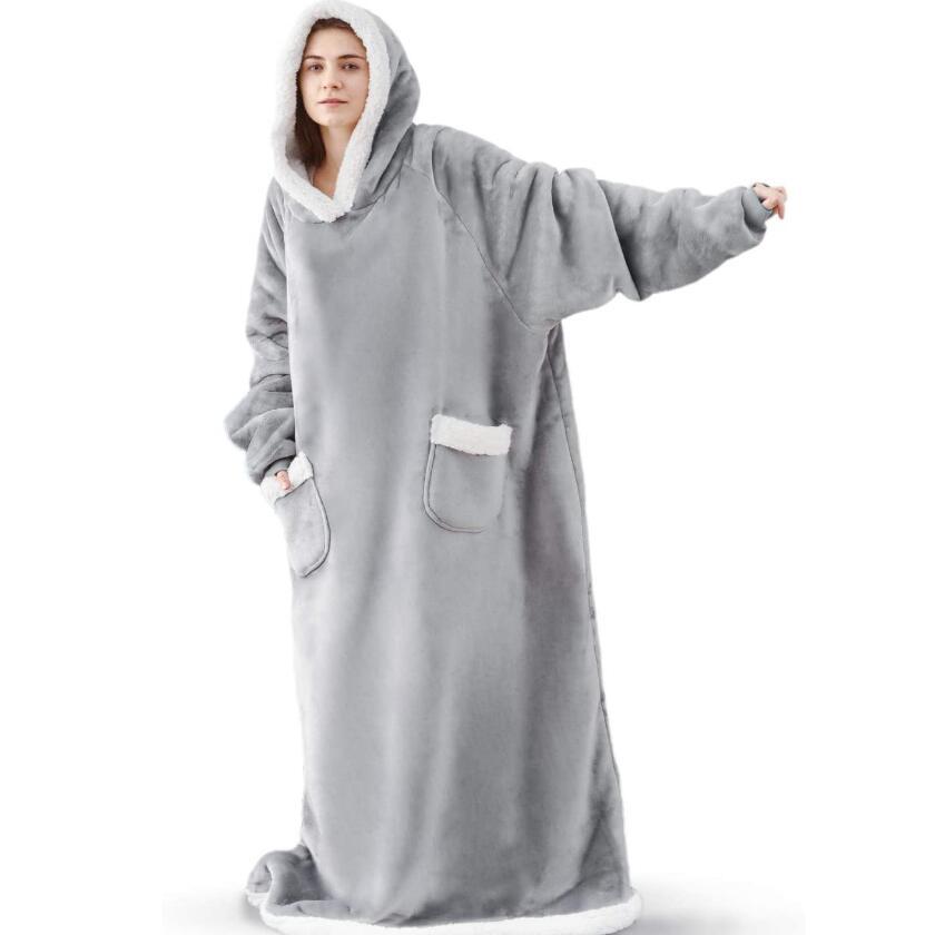 Oversized Super Long Flannel Blanket with Sleeves, Winter Hoodie Sweatshirt Pullover for Women Men, Giant TV Fleece