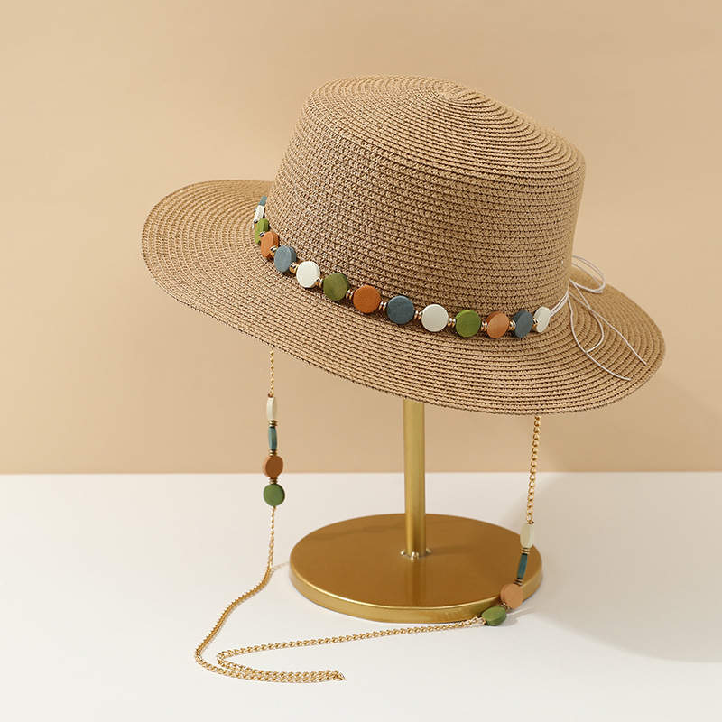 Vintage Woven Straw Sun Hat with Colorful Stone Chain Stylish Summer Beach Hat & Vacation Sun Protection