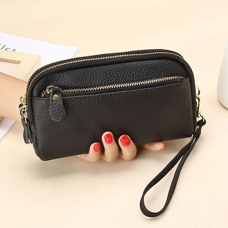 Premium Womens Genuine Leather Wallet Double Zip Clutch Purse & Phone Wristlet