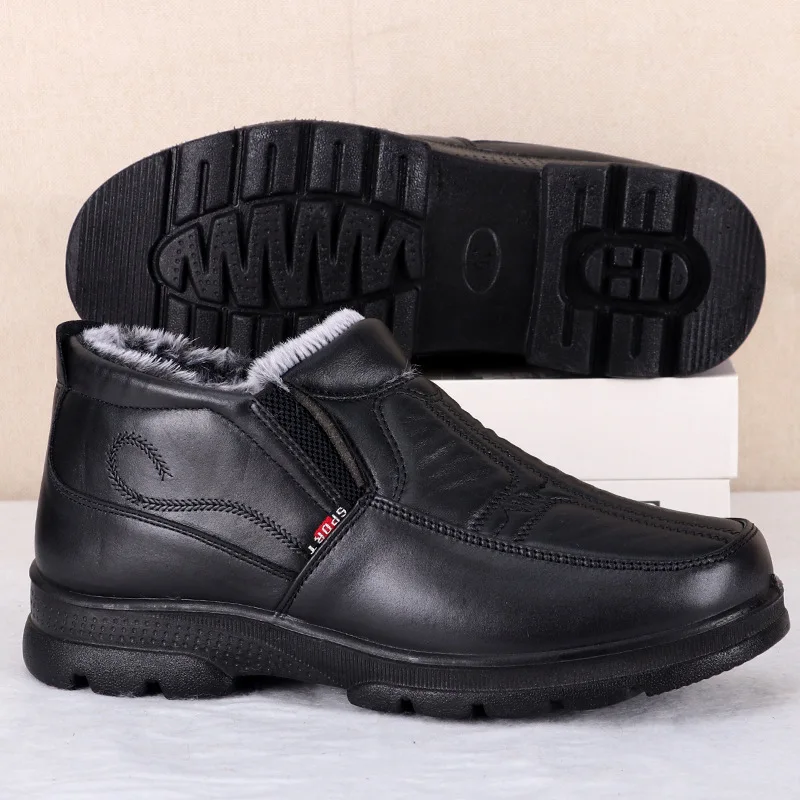Mens Winter Fashion Shoes, Non-slip Cotton Shoes, Thickened Leather Waterproof Casual Snow Boots for Men