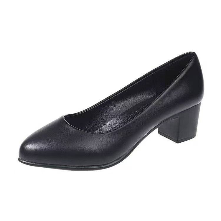 Womens Low-Heel Pumps, New Arrival Black Genuine Leather Formal Shoes, Slip-On Comfortable Mid-Heel for Daily Use
