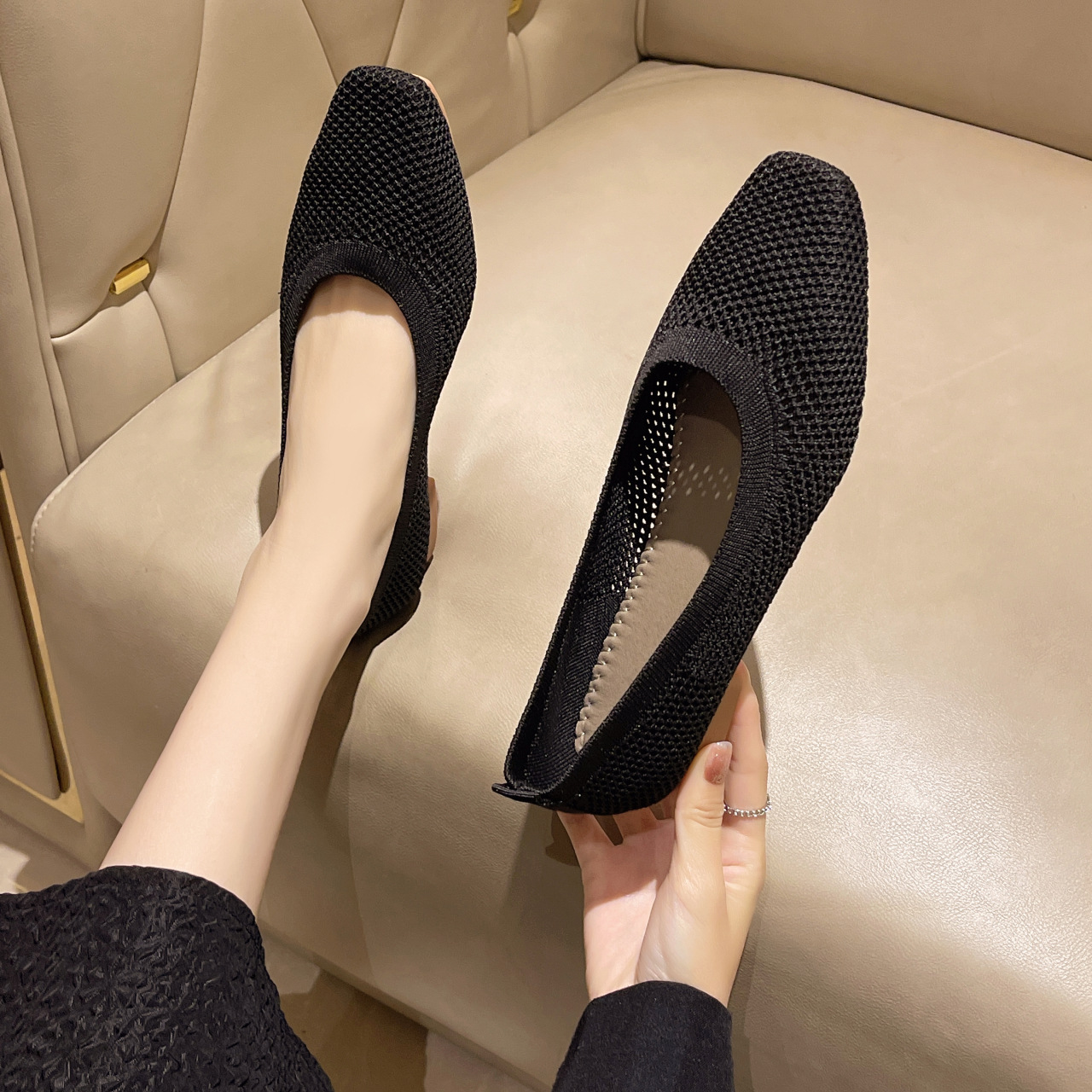 Spring Summer Breathable Mesh Flats for Women, Stylish Square Toe Slip-On Loafers, Soft Sole Fashion Flat Shoes