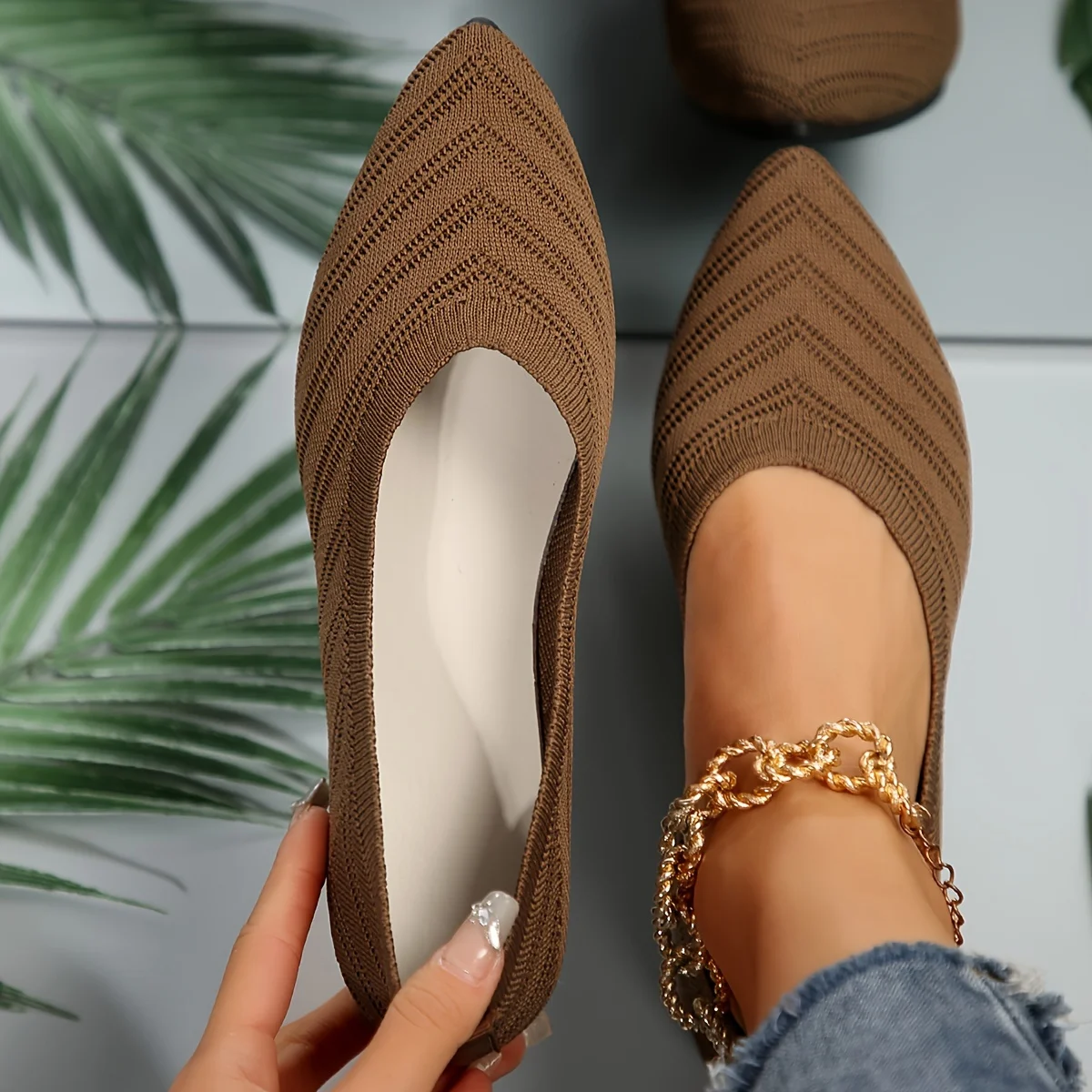 Casual Womens Pointed Toe Flat Shoes, Solid Color Knitted Slip On Ballet Flats, Lightweight Breathable Loafers