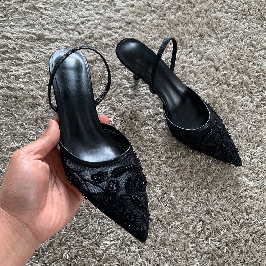 Elegant Pointed Slingback Women Sandals Luxury Brand High Heels Mesh Embroider Party Wedding Bridal Dress Shoes