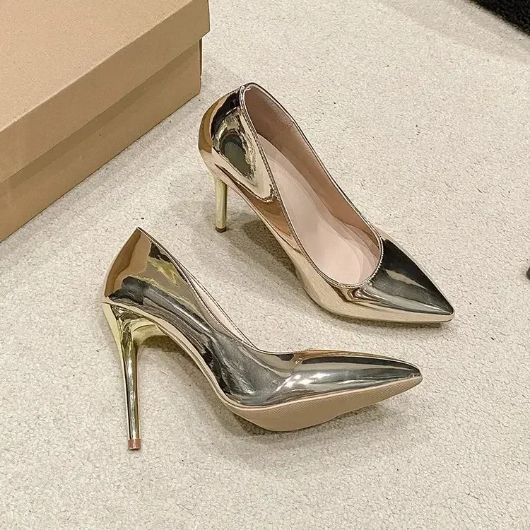 Womens Soft Leather Silver Gold High Heels, Elegant Pointed Toe Slip-On Pumps for Office, Party & Wedding