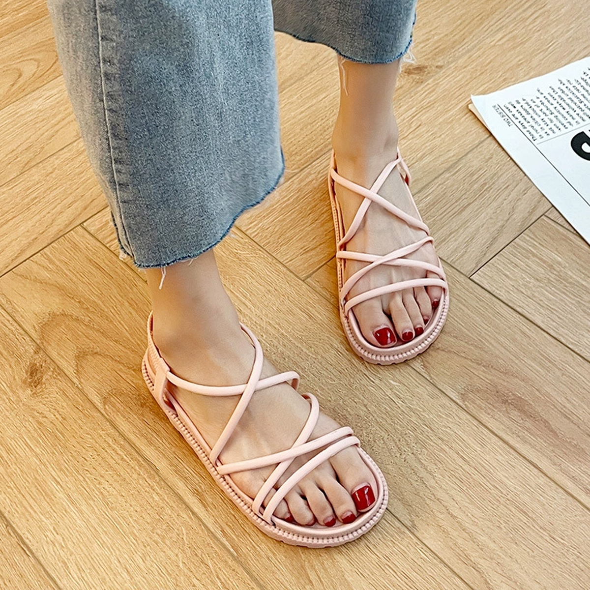 Womens Sandals, Summer Outerwear PVC Flat Beach Shoes, Casual Female Student Korean Style Roman Sandals