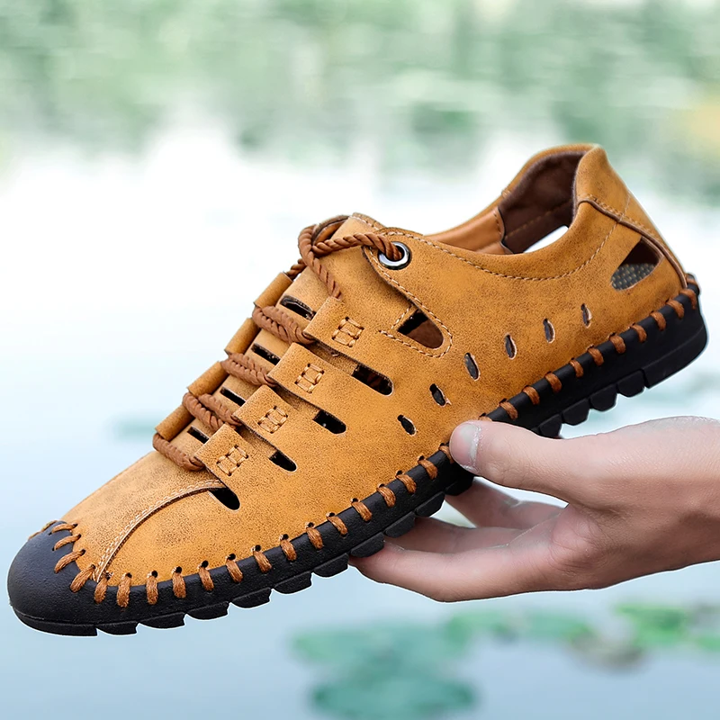 Comfortable Men Leather Sandals, Summer Outdoor Casual Shoes, Beach Walking Sneakers, Male Casual Sandals