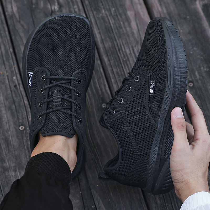 Mens Platform Thick and Low Barefoot Shoes, Wide Toe Fitness Sneakers, Womens Hard Strap Black Sports Shoes