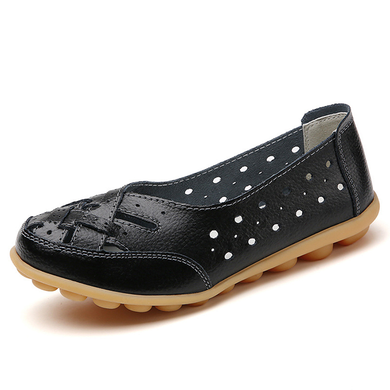 Genuine Leather Womens Flats, Comfortable Slip-On Loafers, Hollow Nurse Shoes & Ballet Flats for Casual and Work Wear