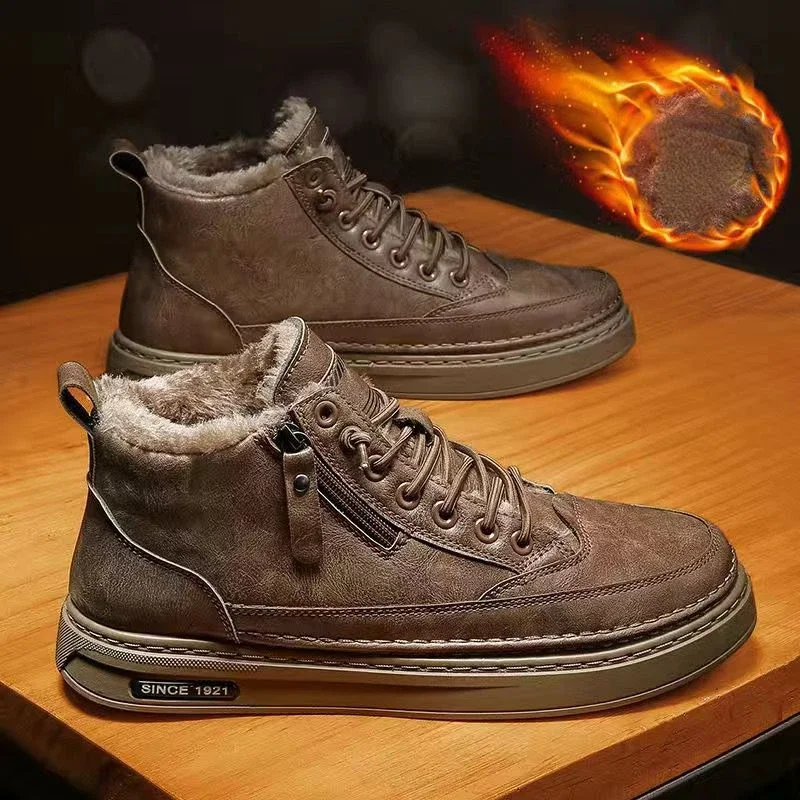Mens Winter Warm Cotton Snow Boots, Retro Plush Anti-Slip Outdoor Sports Shoes for Comfortable Fashionable Cold Weather