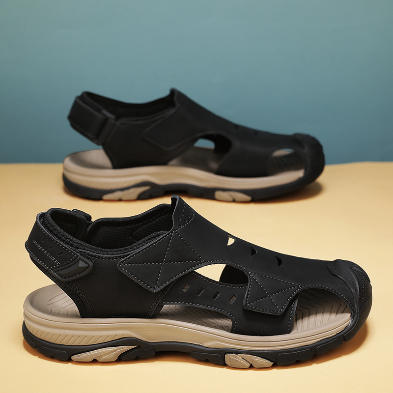Mens Genuine Leather Summer Sandals, Breathable Outdoor Fashion Flats & Antiskid Beach Shoes