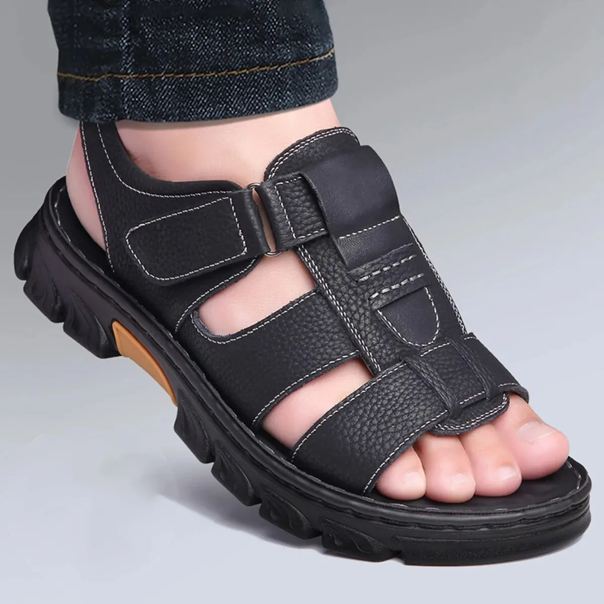 Mens Casual Summer Sandals Adjustable Solid Color Shoes with Durable Rubber Sole Breathable PU for Outdoor Walking