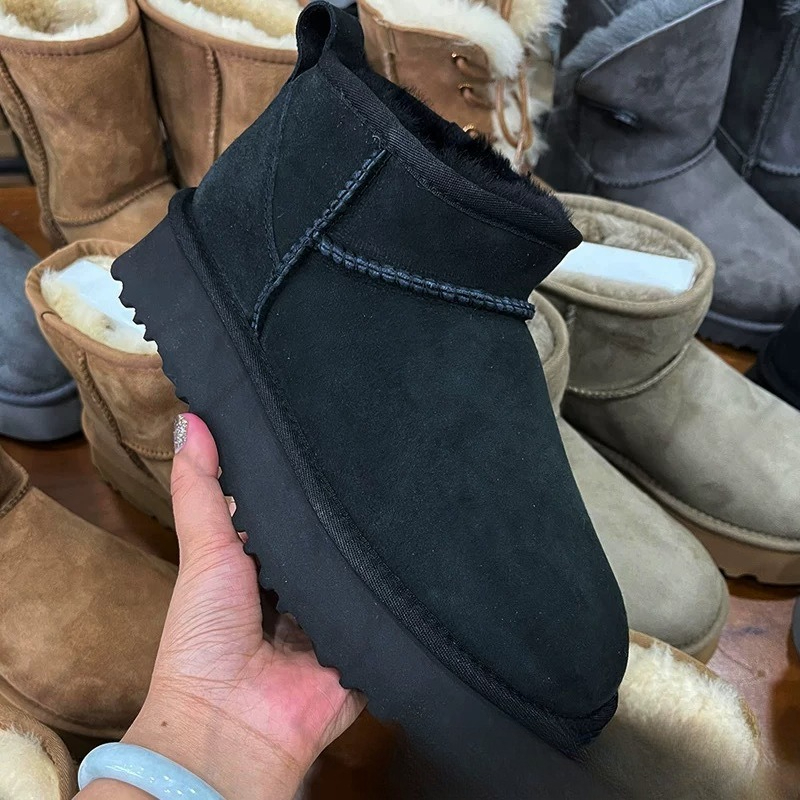 Women's Snow Boots, Men's Short Boots, Winter Warm Boots, Low Warm Leather Shoes with Sheepskin Wool Cut