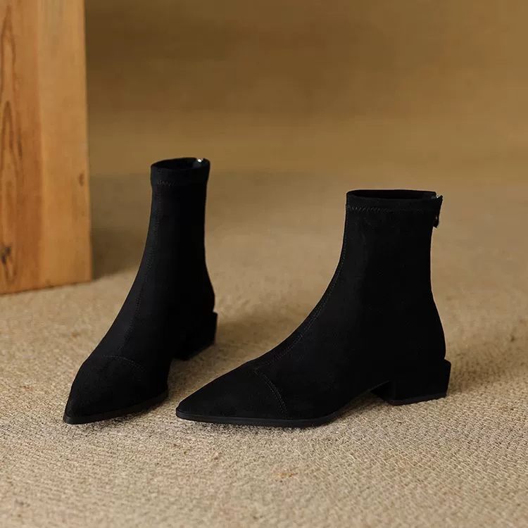 Winter fashion pointed-toe plus-size women's boots with zippers slim low-heeled nude short boots