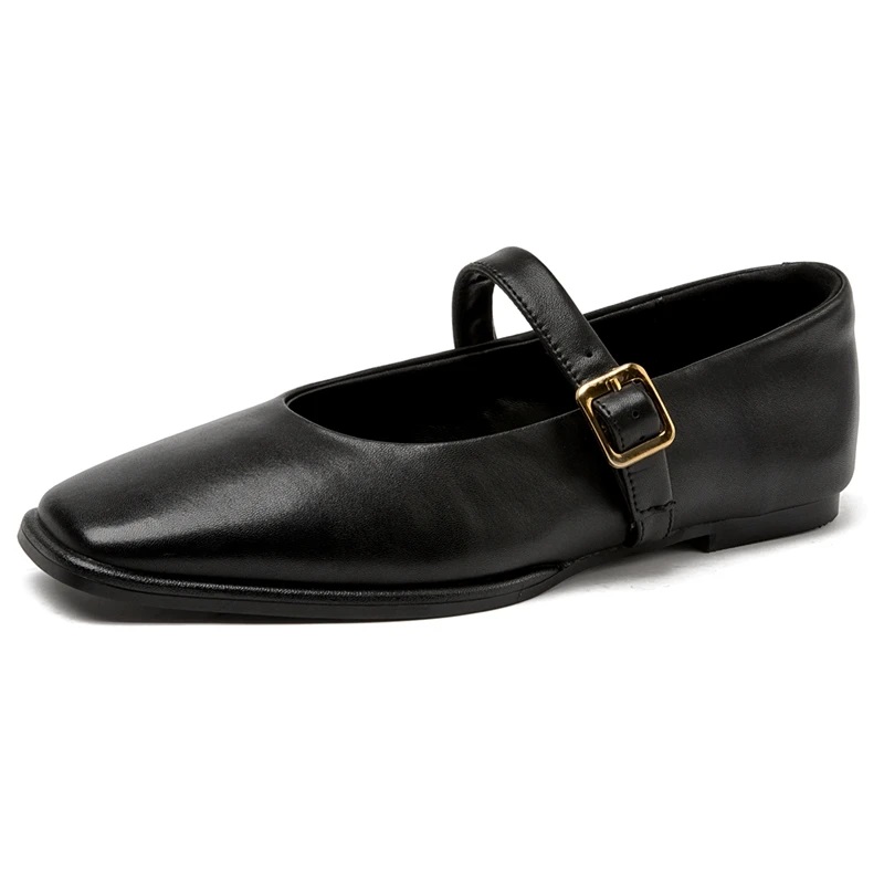 Genuine Leather Mary Jane Shoes Women Square Toe Snap Ballet Cowhide Flat Shoes
