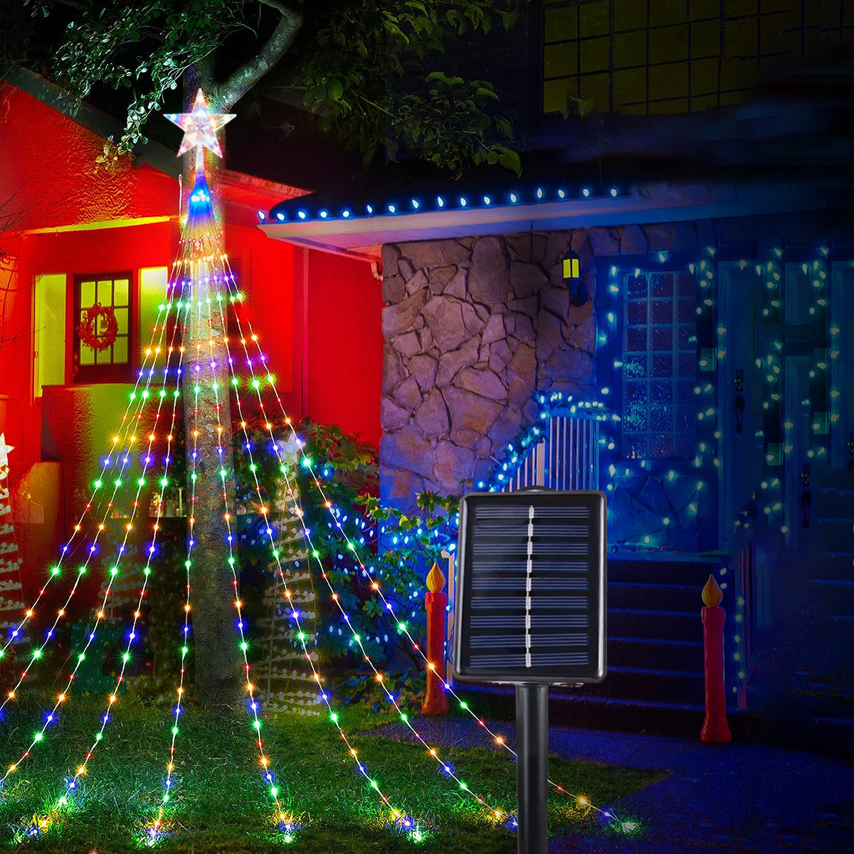 Solar Outdoor LED Fairy Lamp, Christmas Pentagram Waterproof String Light, Holiday and Family Party Garden Decorations